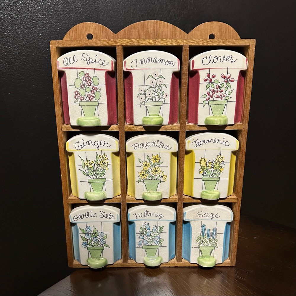 SOLD- Vintage Ceramic Spice Shakers and Wooden Rack Set Hanging Kitchen Cooking - Picture 1 of 16
